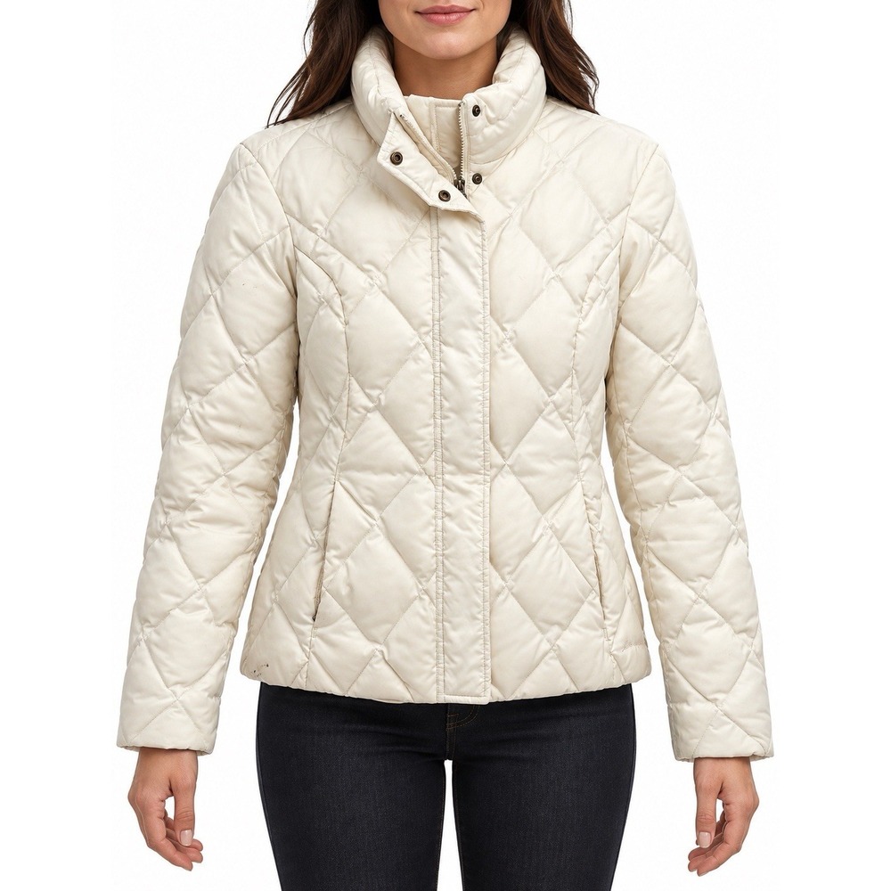 Eddie Bauer Goose Down Puffer Jacket Womens M Ivory Diamond Quilted Winter Coat